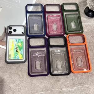 Luxury Slot Card Holder Wallet Clear Case For iPhone 18 Air 17 16 15 14 13 12 11 Pro Max Fold Lens Stand Holder Shockproof Cover