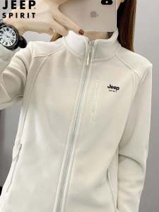 Jeep Spirit Womens Fleece Jacket Thickened Long Sleeve Zipper Closure Warmth Plush Sweatshirt Printed Casual Outerwear