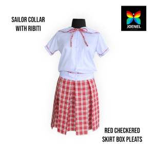 Joenel Brand Sailor Collar Blouse With Ribiti Peach Twill/ Red Checkered Skirt  For Kids and Adult School Uniform Individual Sets