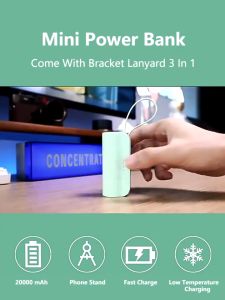 Mini Powerbank 20000mAh Small Portable 20W Fast Charging 2 in 1 For iPhone For Type C Android Power Bank With Cable Phone Holder Lanyard & Phone Stand
