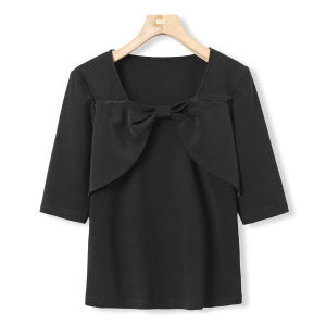 Slim Fit T-Shirt with Butterfly Knot Front Collar Square Collar Splicing Design Cotton And Spandex Blend Spring Fashion Ladies Top