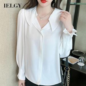IELGY Womens Korean Style Solid Color Chiffon v Neck Shirt with Long Sleeves