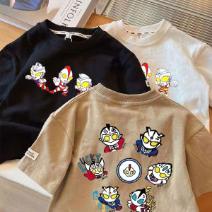 Cartoon Ultraman Superman Print Pure Cotton Short-Sleeved T-shirt Boys and Girls Loose Easiest for Match Cool Handsome Fashion Fashionable Clothes