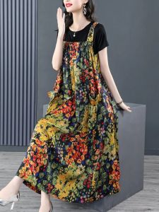 Summer Fashionable Short Sleeve Strap Dress Set Gentle Wind Long Dress French Style Womens Clothing Two-Piece Set A-Line Skirt