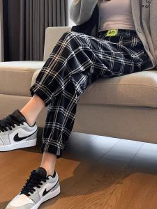 กางเกงขายาวลายสก็อตทรงหลวมสไตล์เกาหลีสำหรับผู้หญิง กางเกงขายาวทรงหลวมสบาย ๆ ฤดูใบไม้ร่วง ฤดูหนาว กางเกงขายาวทรงสลิมฟิต ทรงหลวม ทรงฮาราจูกุ