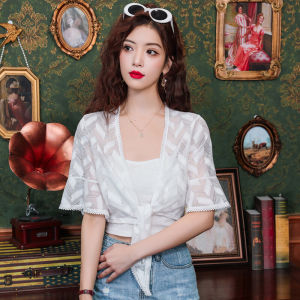 Mùa Hè Nữ Tay Ngắn Phối Ren Hở Mặt Trước Áo Sơ Mi Viền Và Dây Cổ Chữ V Mỏng Áo Khoác Ngoài Kèm Váy Dây Rút