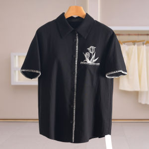 Embroidered Flower Single Button Pocket Short Sleeve Blouse