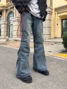 กางเกงยีนส์ทรงหลวมสไตล์อเมริกันไฮสตรีทชาย กางเกงขายาวทรงขาบานด้านข้าง ทรงหลวม ทรงขาบาน สไตล์ฤดูใบไม้ร่วง