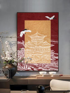 New Chinese Style High-End Red Building Crane Artwork Wall Decor Card Paper Painting for Living Room Entrance Metal Framed