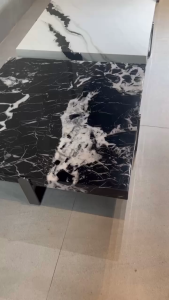 Bàn trà sofa bàn phòng khách bàn cafe nhập khẩu chân thép Inox mặt vuông 1m đá Ceramic khay vuông
