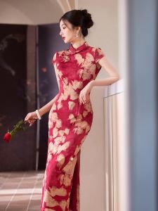 Young Bride Red Autumn Style Qipao by Miss Four New 2025 Vintage Chinese Design Polyester Long Dress Short Sleeve Floral Pattern