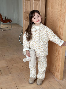 Winter Cotton Pajamas Set for Girls Thickened Warm Silk Cotton Fleece Lined Home Clothes Two Piece Set Children Baby Sleepwear