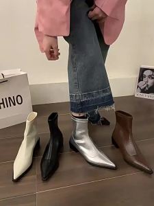 French Fashion Chunky Heel Boots Womens Shoes 2023 New Spring and Autumn Boots Pointed Toe Silver Temperament Thin Boots