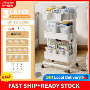3 Tier Trolley Cart Organizer For Baby Utility Trolley Carbon Steel Cart Utility Trolley Cart for Baby Organizer Storage Rack Shelf with 4 Wide Baskets 3 Narrow Baskets and 3 Hanging Buckets