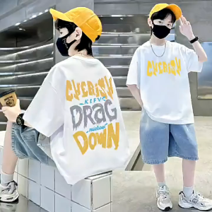 เสื้อเด็กผู้ชาย เสื้อยืดแขนสั้นผ้าฝ้ายแท้หลวม kids นุ่มสบาย บางสําหรับฤดูร้อน แฟชั่น ดำ / ขาว 7-15 ขวบ