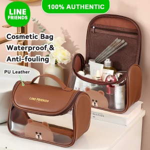 LINE FRIENDS Brown PU Leather Toiletry Bag Splash-proof Clear Travel Storage LFB47