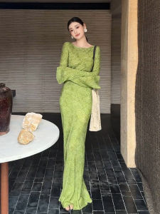 Autumn Winter French Style Floral Print Maxi Dress Luxury Sensation Beach Vacation Wind Green Color High Waist A-Line Skirt