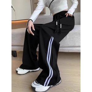 plus Size Womens Black Striped Sports Pants Loose Wide Leg Casual Trousers Spring Autumn High Waist Long Pants All Body Types