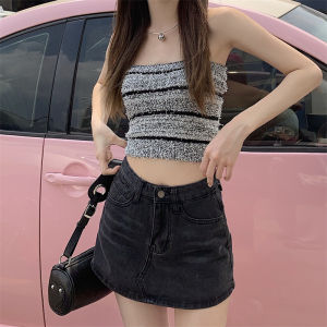 Váy Mini Denim Chữ a Cạp Cao Cho Nữ Mùa Xuân Thu 2024 Váy Ngắn Dáng Chữ a Che Mông Cỡ Lớn Chống Hở Hang