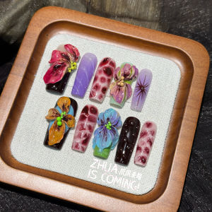 ดอกไม้เขตร้อนแฮนด์เมด 3D แกะสลักสีสันทาสีความรู้สึกระดับไฮเอนด์รสเผ็ด เด็กผู้หญิง สีขาว ทำด้วยมือหนักสวมใส่ได้เล็บ