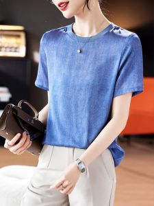เสื้อยืดไหมแขนสั้นพิมพ์ลายสีน้ำเงินสำหรับผู้หญิง ฤดูร้อน 2024 แฟชั่น บางเฉียบ คอตั้ง แขนสั้น ปกติ สีสันสดใส ผ้าไหมไหม