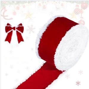 Christmas Red and White Ribbon Easy To Shape DIY Gift Packaging Fur Wired Velvet Flocking Ribbon Party Supplies Home Decoration