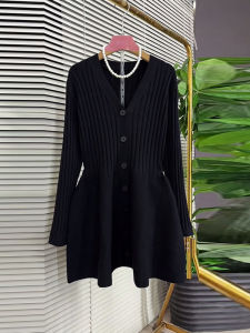 plus Size Button up V-Neck Knit Dress Slimming Black Midi Dress Simple Design Korean Style Commute Cotton Polyester Long Sleeve