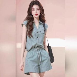 Blue Fashionable Two-Piece Set Womens Summer Outfit Youthful Combination Elegant And Cool Ensemble Simple Shirt And Shorts