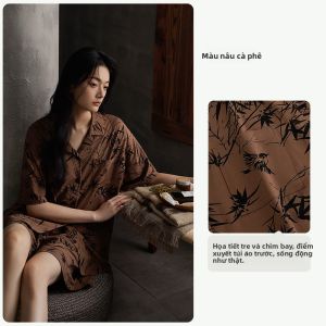 yuenei | Áo ngủ cotton mùa hè cho nữ Áo chui đầu tay ngắn Quần short mặc nhà Áo len cardigan hở cổ tròn họa tiết hoa phong cách Trung Hoa thoải mái thoáng khí