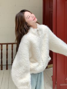 Áo Khoác Ngắn Lông Cừu Màu Trắng Thời Trang Cho Nữ Cổ Đứng Ấm Áp Cỡ Nhỏ Mùa Đông 2025 Phong Cách Mới Cao Cấp
