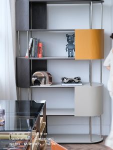 Rinoart Multifunctional Bookcase Quality Luxury Style Tin Gray/Naples Yellow Saddle Leather Color Block Storage Shelf Display Cabinet