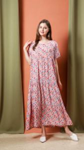 Kaftan Wanita Cotton Dress Floral Panjang Loose Baju Tidur Homewear Muslimah Moden Comfy Wear