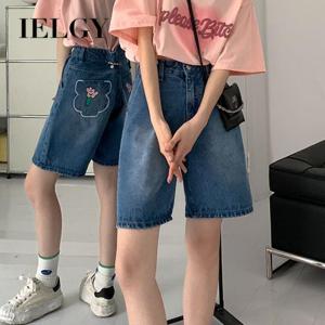 IELGY ชุดปักเอวสูง Celana Pendek Denimคร็อปแพนท์ปักลายย้อนยุคทรงหลวม