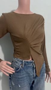 BLOUSE Crop Top Kerut samping lengan panjang cewek Rib knit