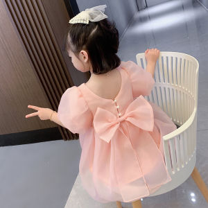 Girls Summer Princess Dress Elegant Feel New 2023 Baby Girls Dress Sweet Style Zipper Closure Short Sleeve Midi Skirt