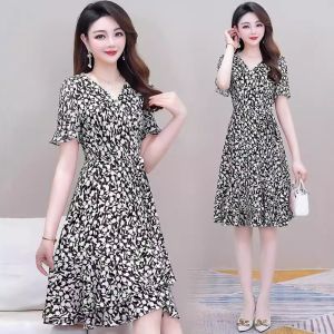 Floral Print Chiffon Dress Womens V-neck Short Sleeve Waist-cinching Summer New Style Korean Version Commute A-line Skirt