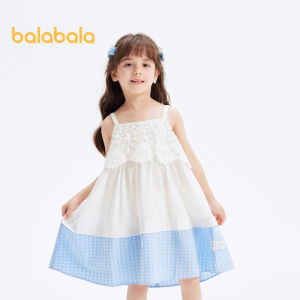 Balabala Childrens  2024 New Summer Dress For Girls Fashion Color Lace Plaid Slip Dress