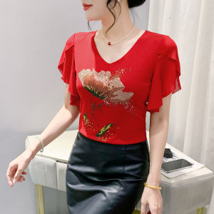 REHIN เสื้อยืดผู้หญิงลายตาข่ายสองชั้นประดับด้วยพลอยเทียมหนักแบบดั้งเดิมดั้งเดิมดั้งเดิมใหม่ฤดูร้อนแขนสั้นแบบย่นแฟชั่นอเนกประสงค์ บอดี้สูทหญิง