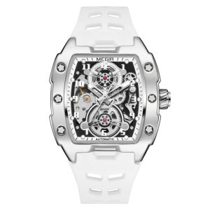 Megir Tonneau Quay Số Dây đeo Silicon Tự Động Đồng hồ cơ Cho Nam Giới thời trang không thấm nước Đồng hồ đeo tay tự động Người Đàn Ông Quà Tặng