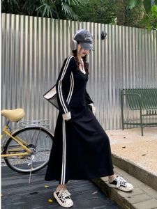 Black T-Shirt Dress Womens Spring & Fall Long Sleeves V-neck Stripes Long Sweater Dress Sports Style Waist-Tight Slimming A- line Skirt