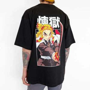 Demon Slayer Anime Rengoku Kyoujurou Printed T-Shirt Summer New Mens Japanese Harajuku Loose Casual Childrens Parent-Child Top