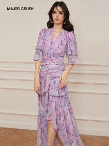 French Romantic Mushi Purple V-neck Flower Dress