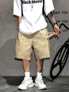 Retro Japenese Style Mens Casual Washed Workwear Short Pants Trendy Street Style Loose Fit Five-Quarter Length Straight Leg