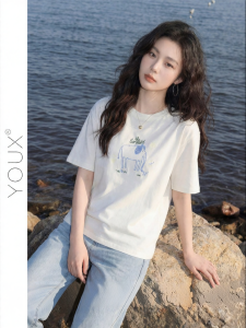 YOUXIANG | Áo Thun Phong Cách Trừu Tượng Thêu Hình Voi