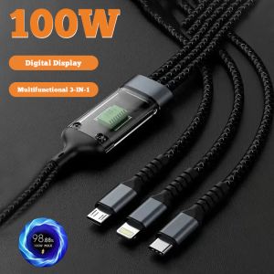 3 In 1 100W LED Digital Display USB cable Type C Usb Micro For Iphone Samsung Huawei Xiaomi Multi Port Multiple Charging Wire