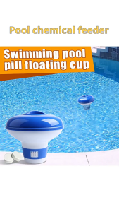 Swimming pool chemical dispenser float with twist open design for convenient refill and long lasting effect. Blue and white floating cup in pool water.