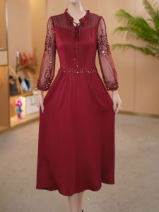 Elegant A-Line Dress for Women Summer Autumn Wedding Celebration Lightweight Luxury Sensation High Waist V-Neck Nine Sleeve