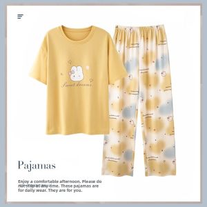 Miiow | Pure Cotton Summer Sleepwear Womens Loose Comfortable Short Sleeve Long Pants Home Clothes Cute Cartoon Pattern MiiOW Brand