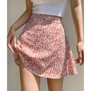 High-Waist A-Line Skirt for Women Short Length Vintage French Style Flower Printing MH Fashion Fast Short Vacation Skirt Umbrella Skirt