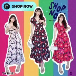 P18401 เดรสยาว แขนตุ๊กตาพิมพ์ลายดอกไม้ผูกเอว ..